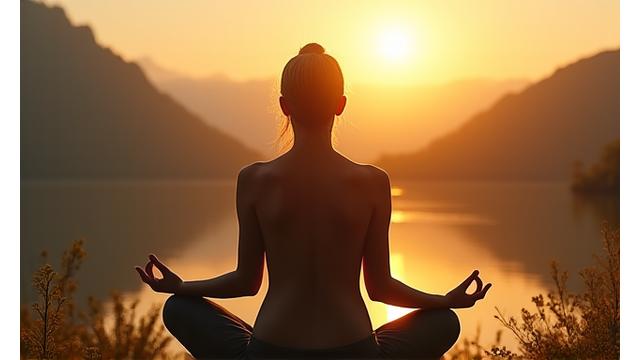 Persona meditando al atardecer en un entorno sereno, evocando calma y mindfulness.