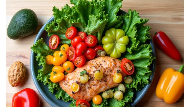 Plato colorido y saludable con ingredientes frescos, simbolizando la nutrición funcional.