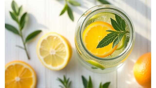 Una botella de agua con rodajas de cítricos y hierbas, simbolizando hidratación y bienestar