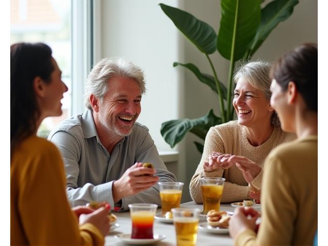 Grupo diverso de personas sonriendo y conectando en un ambiente sereno, simbolizando una comunidad de bienestar