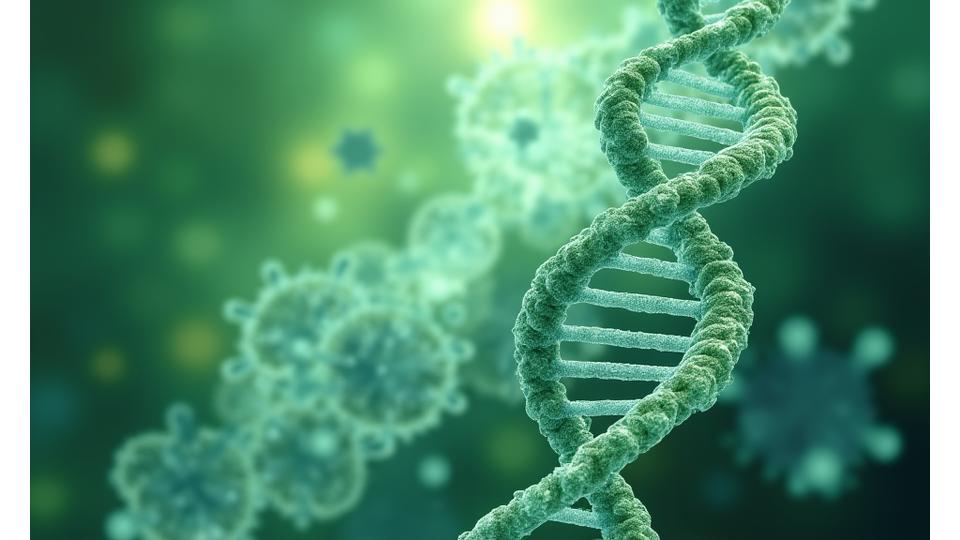 Infografía artística mostrando cadenas de ADN, mitocondrias sanas y células en un entorno azul y verde.