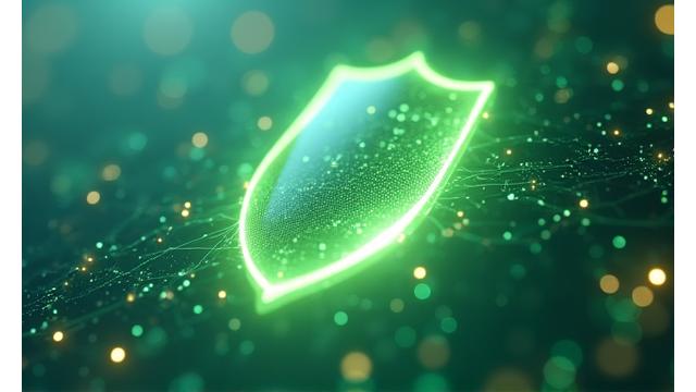 Una representación visual de datos seguros, con un escudo digital y candados entrelazados con líneas de datos fluyendo en un entorno digital tranquilo.