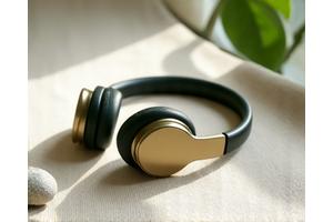 Auriculares sobre un tapete de yoga con una luz suave, sugiriendo una meditación corta y accesible