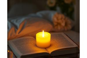 Una vela encendida y un libro abierto en una mesita de noche, creando un ambiente tranquilo para dormir