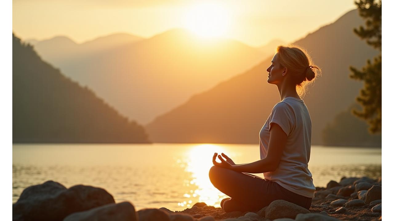 Mujer de mediana edad meditando pacíficamente al amanecer en un entorno natural