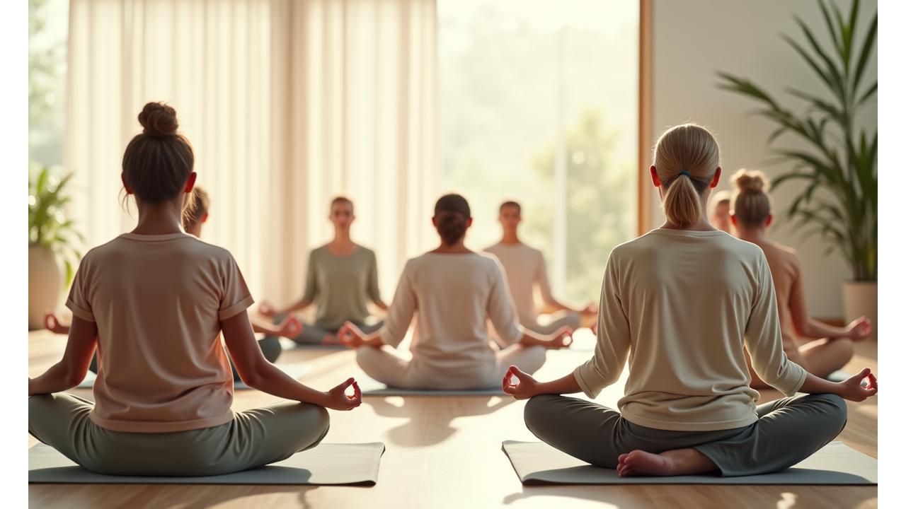 Un grupo diverso de adultos meditando en un entorno sereno y luminoso, simbolizando la misión de Vida Serena de transformar vidas a través del bienestar integral.
