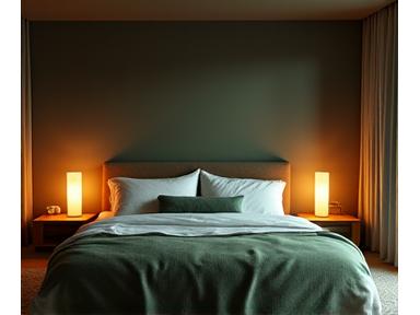Dormitorio sereno y oscuro con colores neutros y poca luz