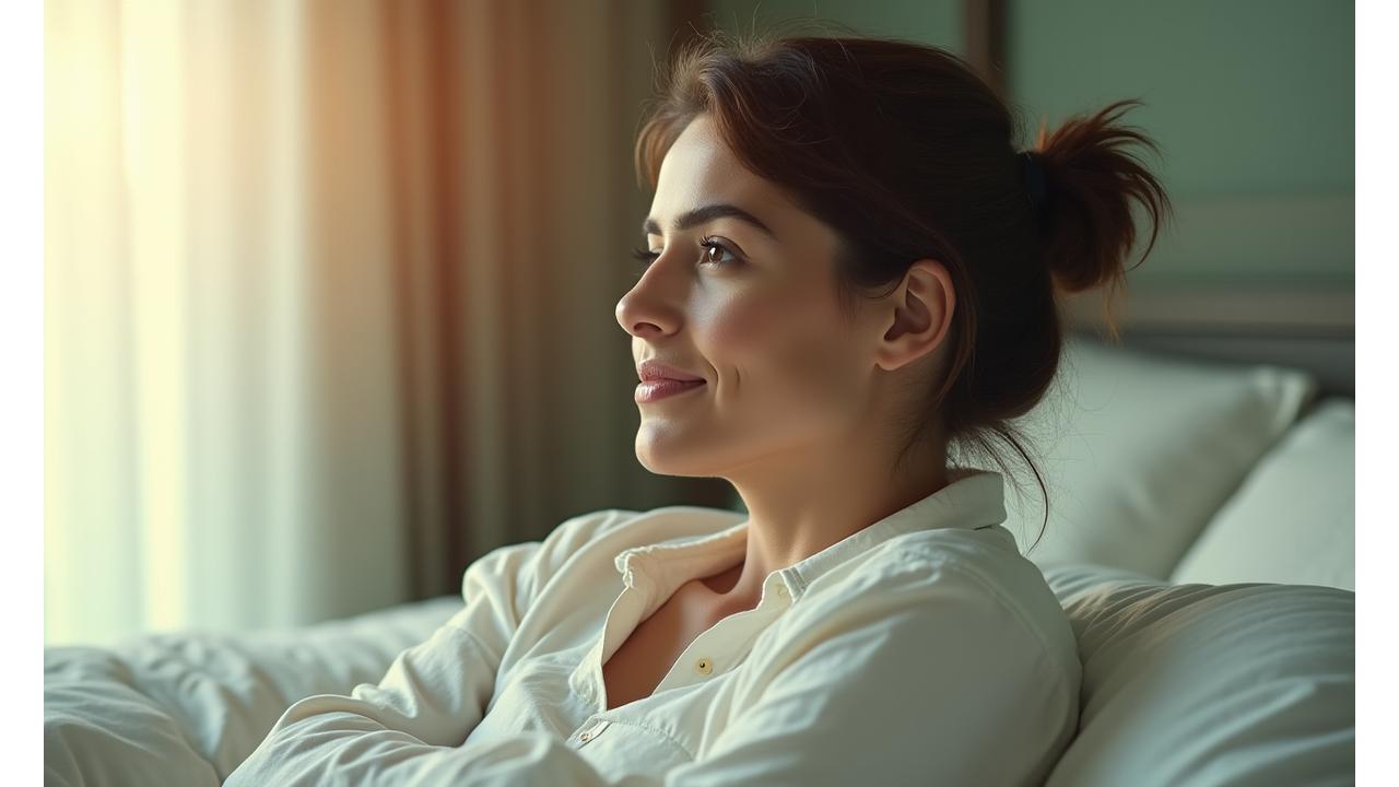 Mujer con expresión de alivio y energía después de mejorar su sueño y reducir el estrés