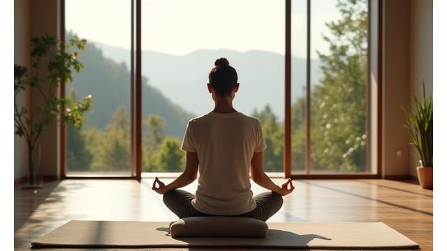 Coach de mindfulness demostrando el uso de una esterilla de meditación