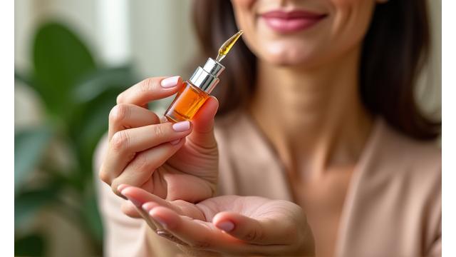 Dermatóloga analizando un serum facial con ingredientes naturales