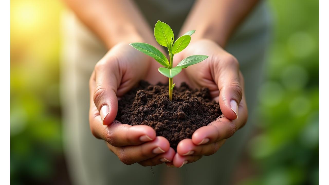 Manos sosteniendo una planta joven, simbolizando el crecimiento sostenible y la responsabilidad ambiental